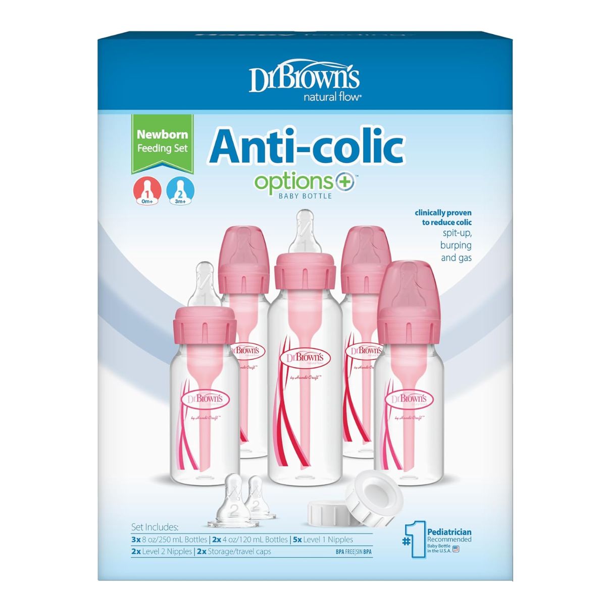 Dr. Brown’s Options+ Anti-Colic Newborn Narrow Baby Bottle Gift Set Pink - 0m+