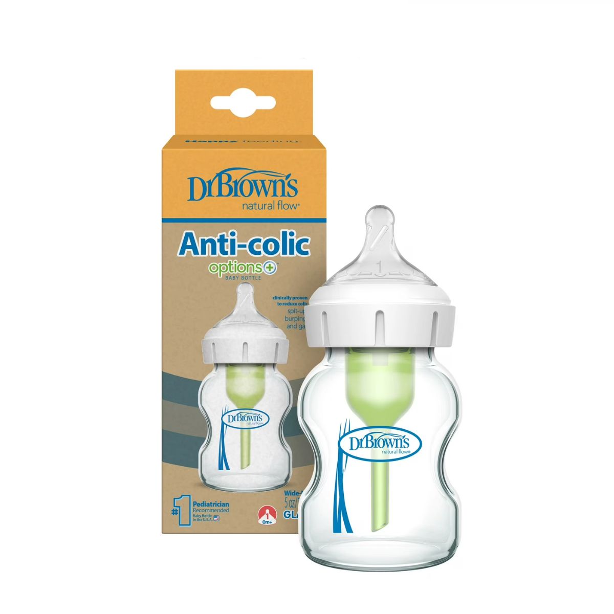 Dr. Brown’s Options+ Wide-Neck Glass Baby Bottle 5 oz, 0-36M - Level 1 on Luna Baby Store Miami