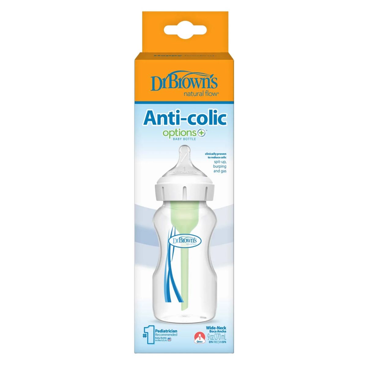 Dr. Brown’s Options+ Wide-Neck Baby Bottle 9 oz, 0m+ - Level 1 on Luna Baby Store Miami