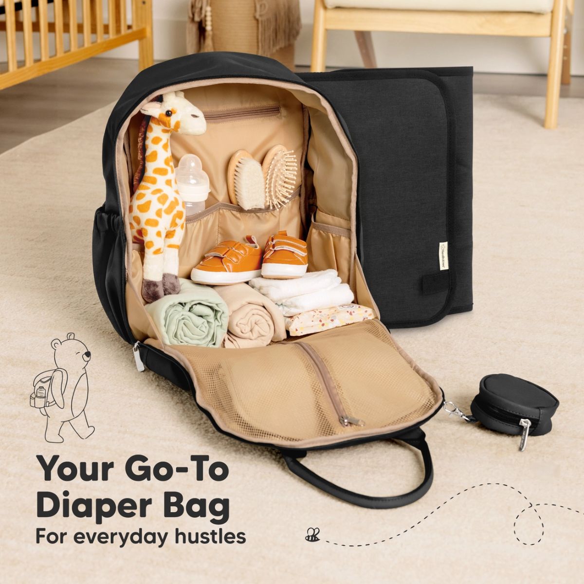 KeaBabies Play Diaper Backpack with Changing Pad - Trendy Black on Luna Baby Store Miami