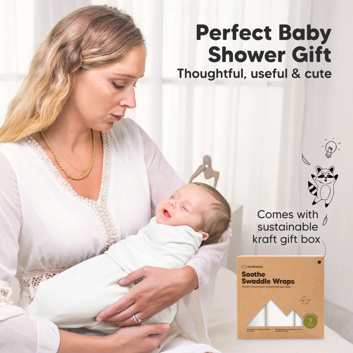 Cueiro Swaddle keaBabies Soothe Baby 3 Peças Soft White 0-3M
