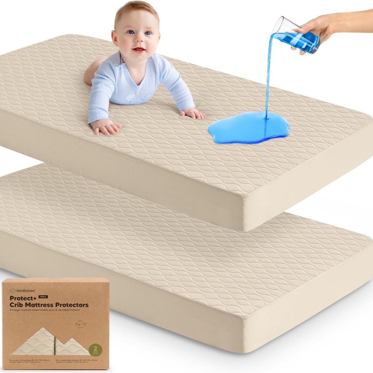 KeaBabies Waterproof Crib Mattress Protector Cover Fitted 2-Pack - Oat/Mavy