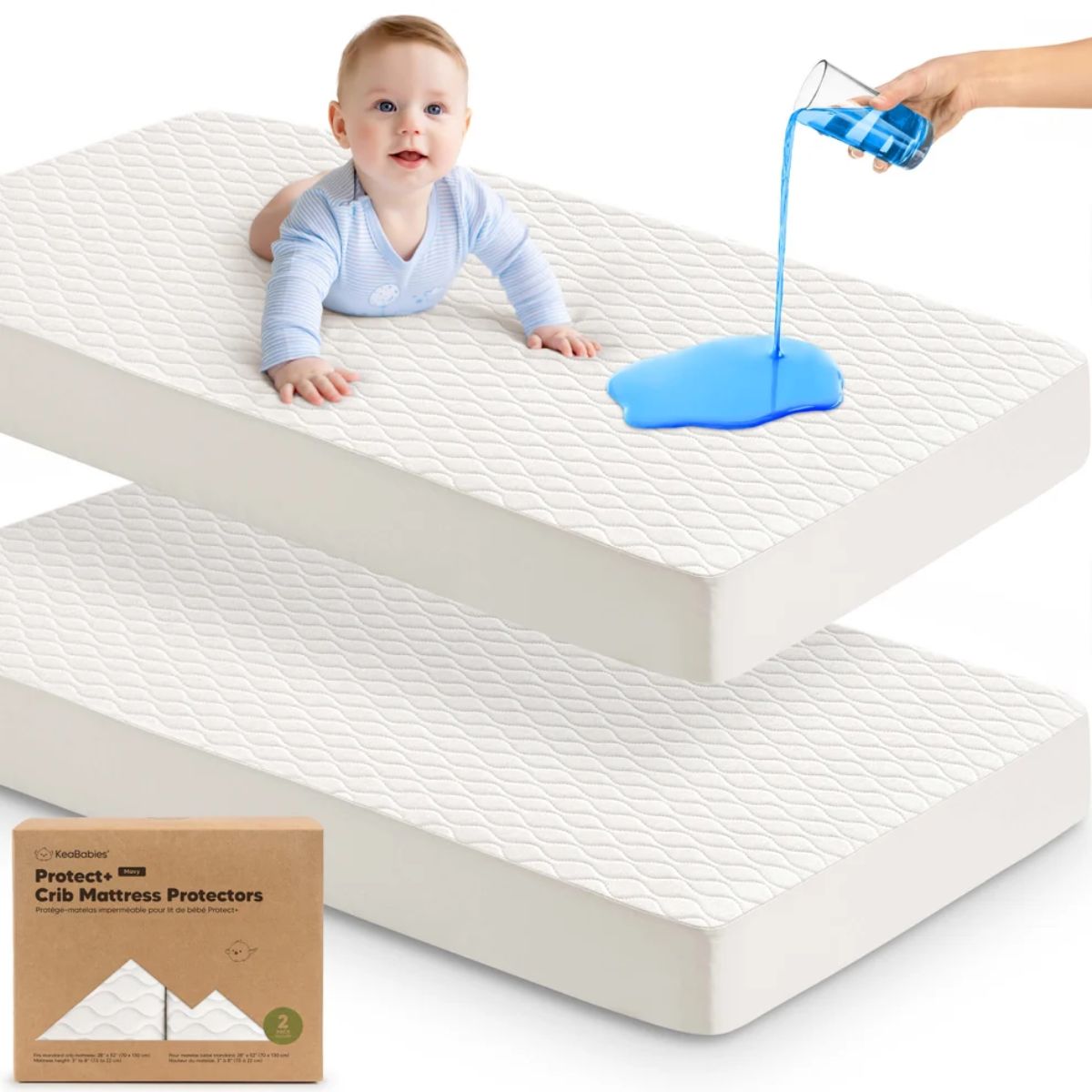 KeaBabies Waterproof Crib Mattress Protector Cover Fitted 2-Pack - Soft White