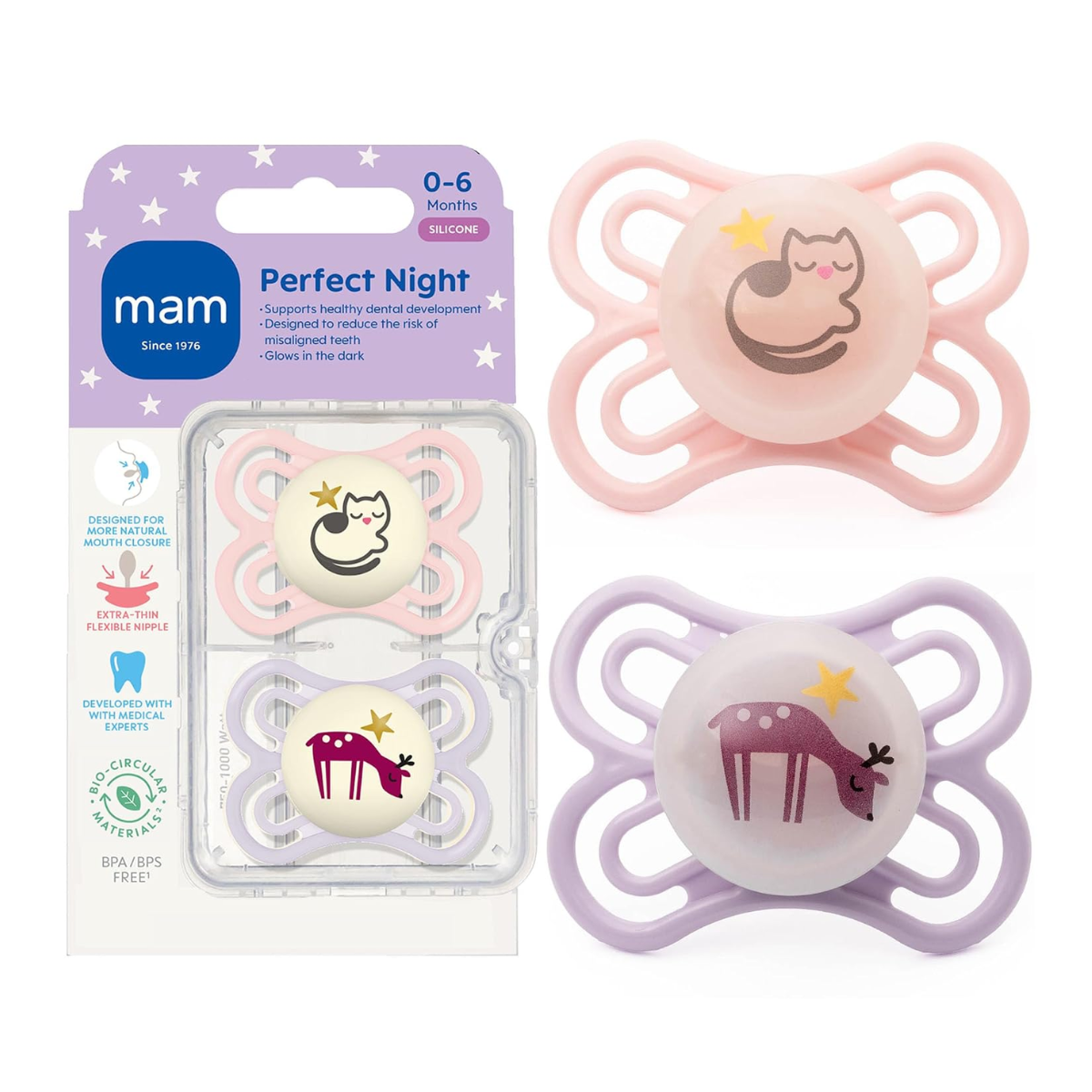 MAM Perfect Baby Premium Pacifier 0-6 , 2 Pk - Fairy Dust/Shell on Luna Baby Store Miami