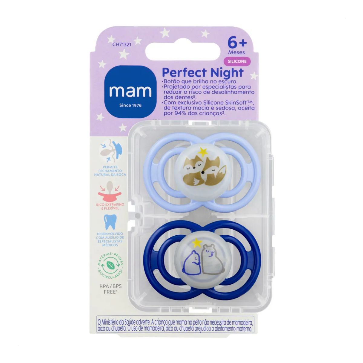 MAM Perfect Night Pacifiers 0–6M 2 pk - Arctic Blue