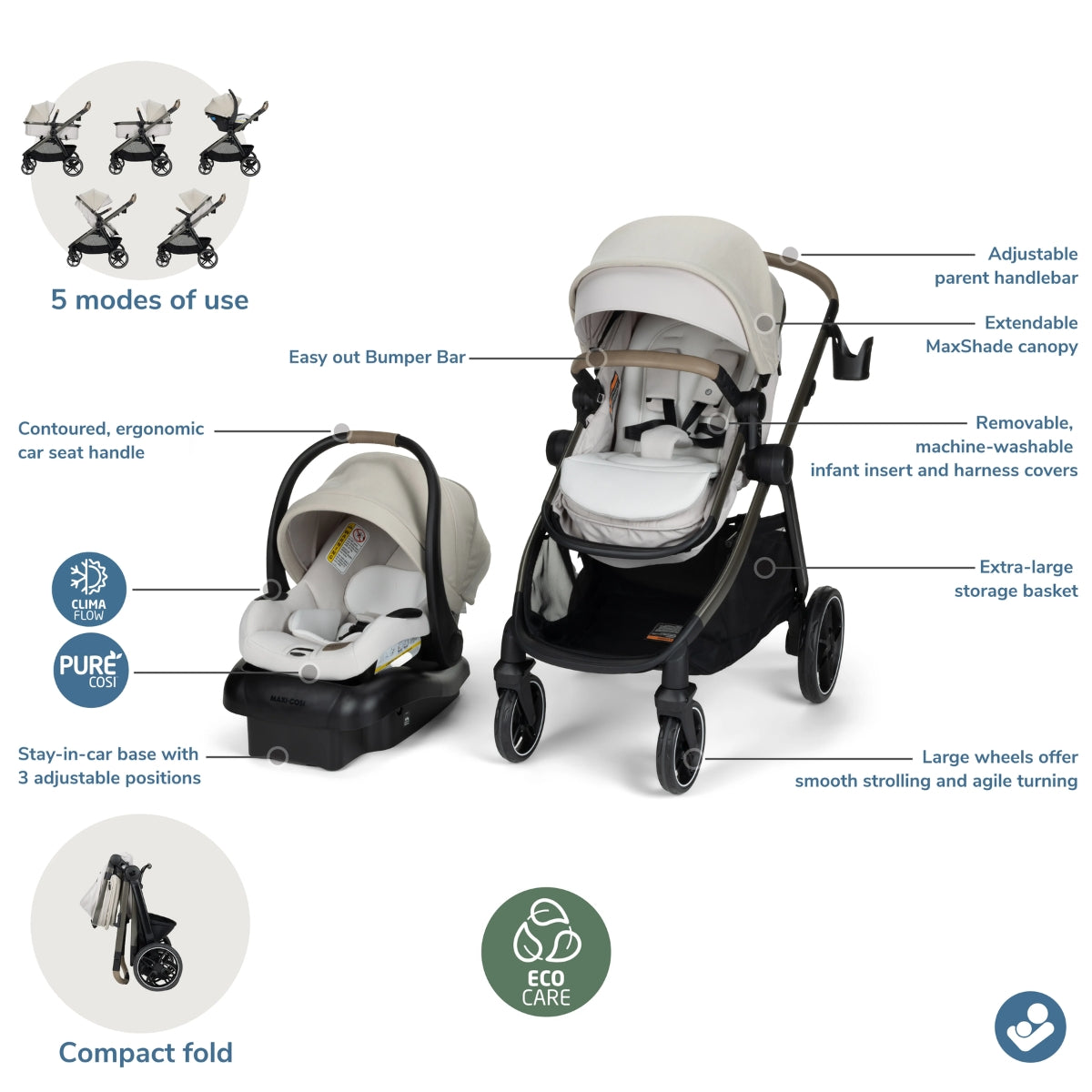 Maxi Cosi Zelia Pro 5-in-1 Modular Travel System - Classic Oat