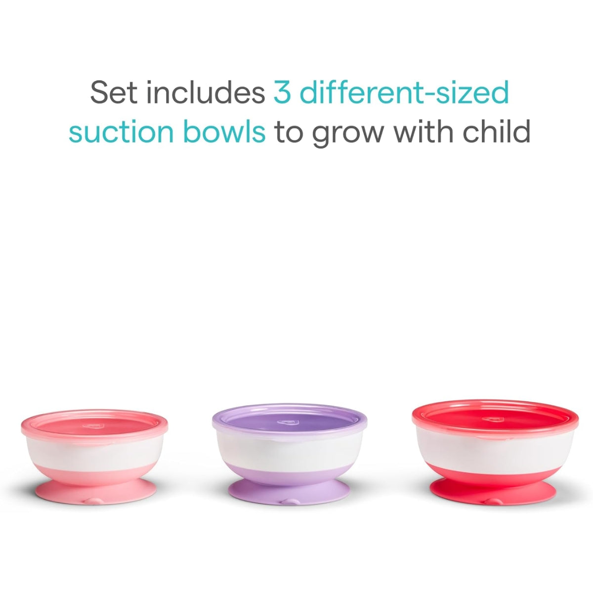Munchkin Stay Put Suction Bowls & Lids, 3 Pack Pink/Purple on Luna Baby Store Miami