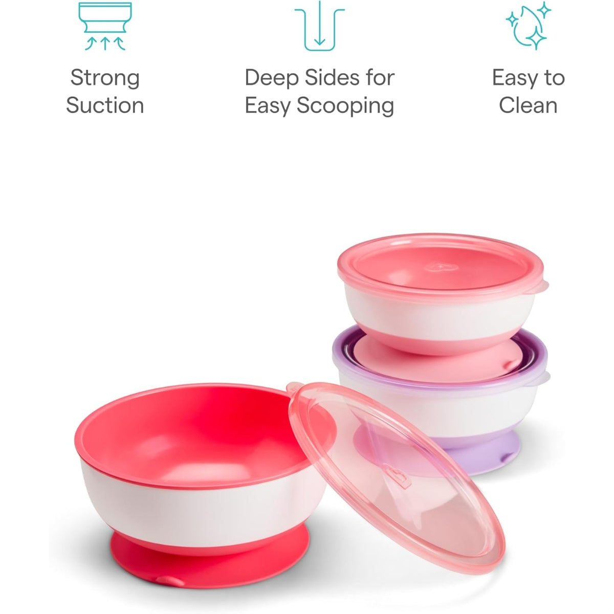 Munchkin Stay Put Suction Bowls & Lids, 3 Pack Pink/Purple on Luna Baby Store Miami