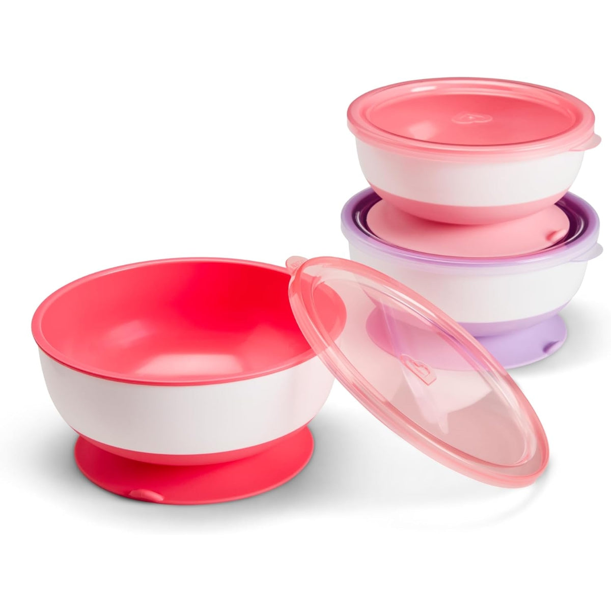 Munchkin Stay Put Suction Bowls & Lids, 3 Pack Pink/Purple