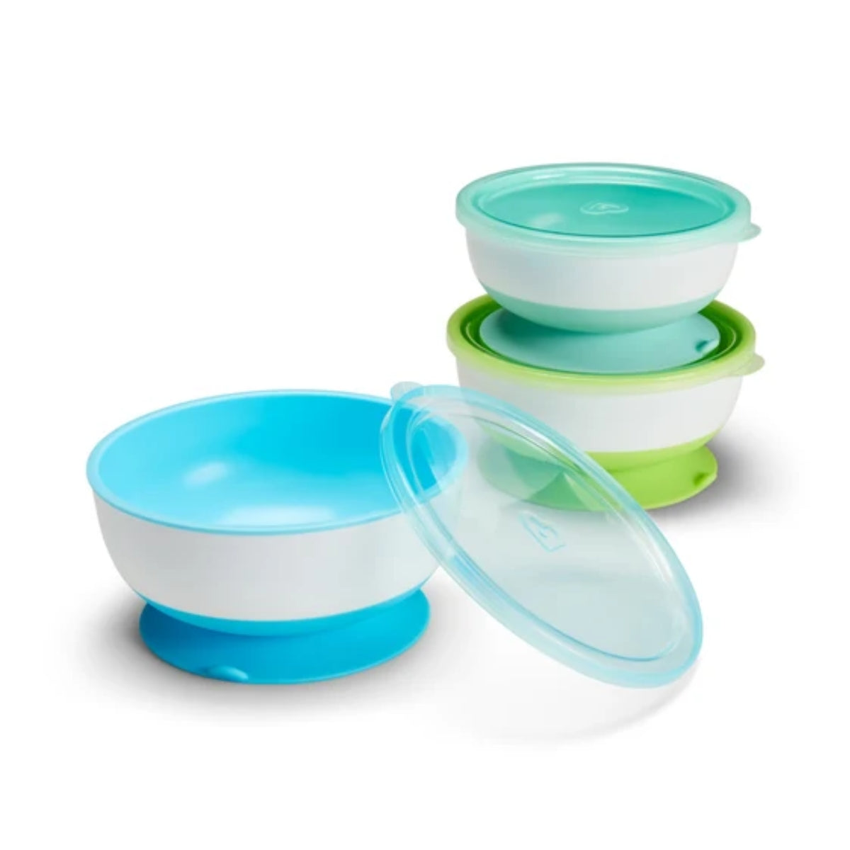 Munchkin Stay Put Suction Bowls & Lids, 3 Pack Blue/Green on Luna Baby Store Miami