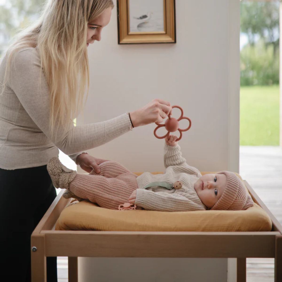 Mushie Silicone Daisy Rattle Teether - Dusty Rose on Luna Baby Store Miami