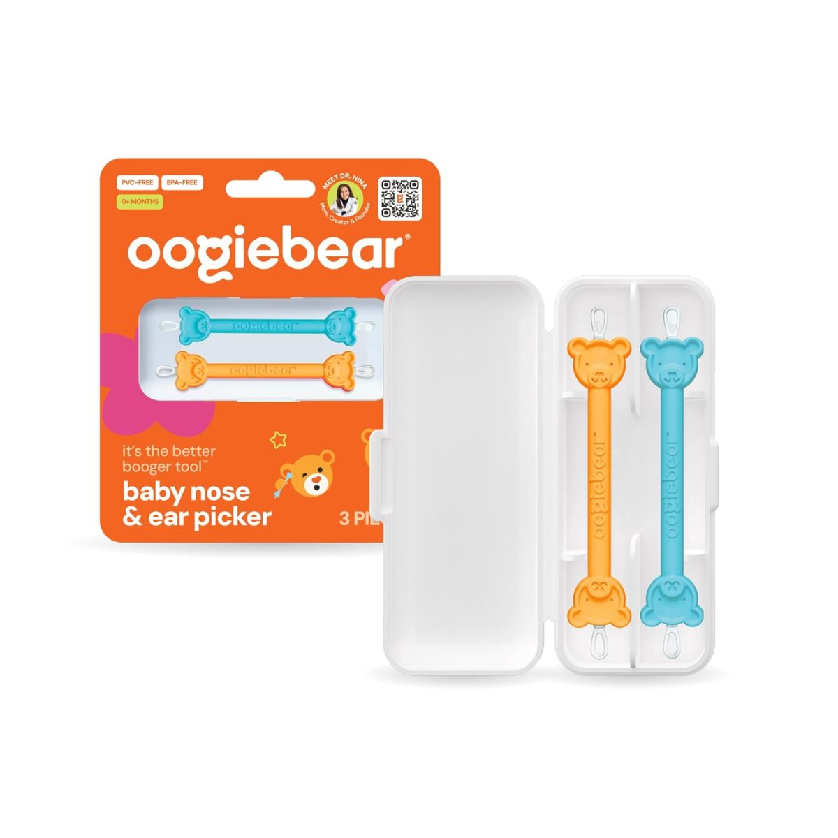 Limpador De Nariz e Ouvido com Estojo Oogiebear 2 Unidades Orange e Seafoam on Luna Baby Store Miami