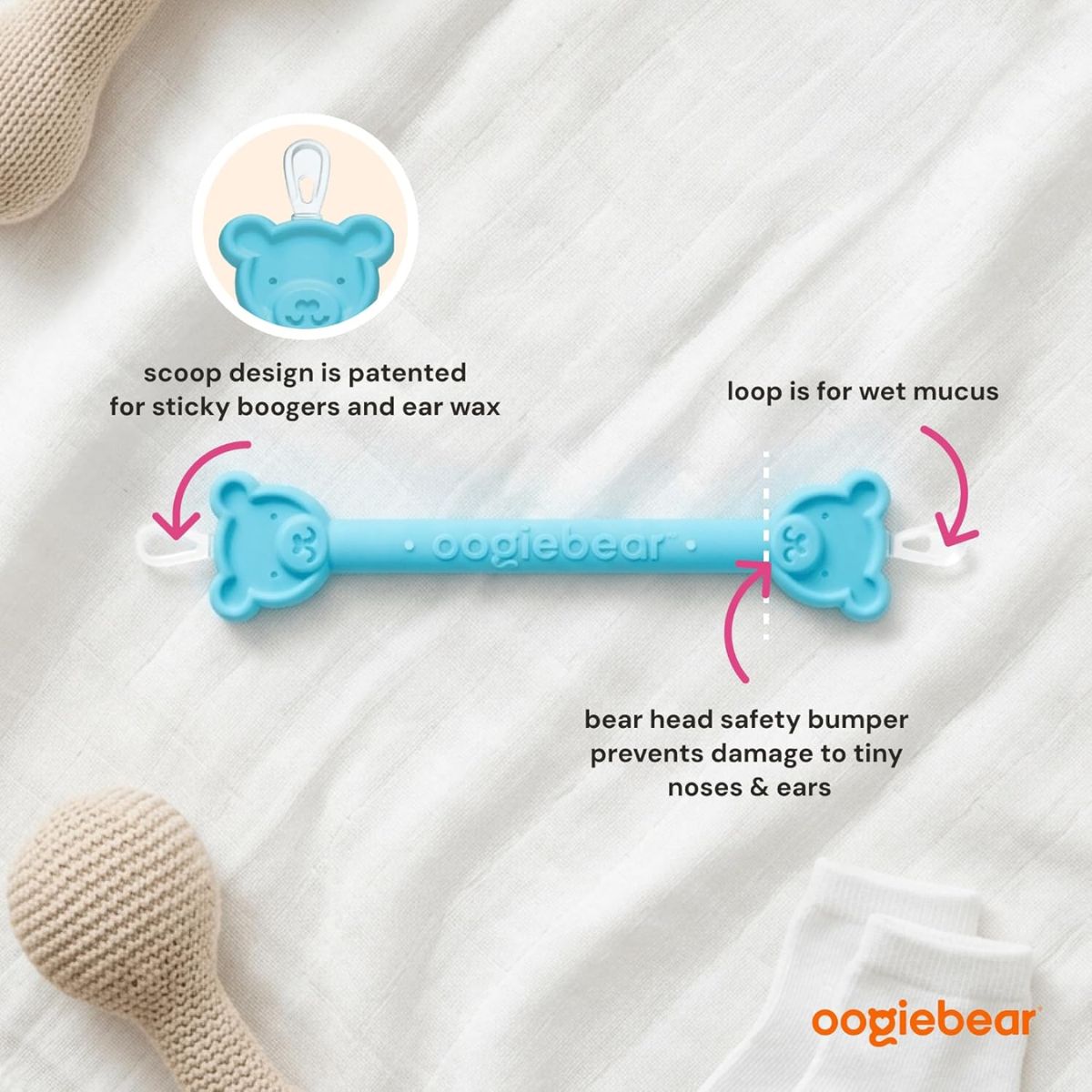 Limpador De Nariz e Ouvido com Estojo Oogiebear 2 Unidades Raspberry & Seafoam