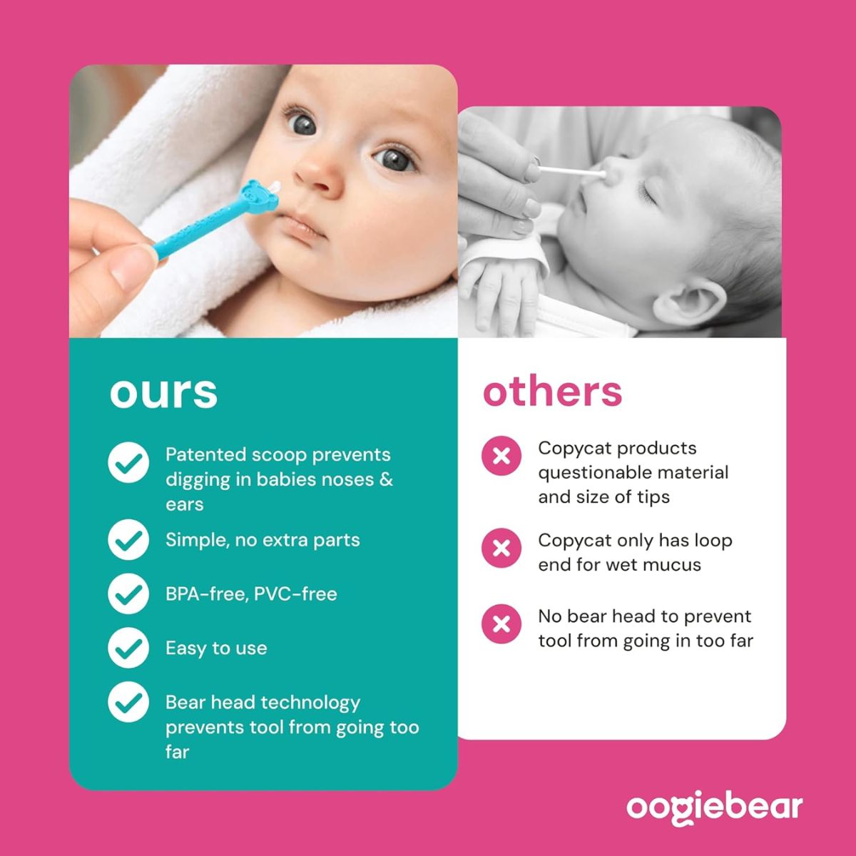 Limpador De Nariz e Ouvido com Estojo Oogiebear 2 Unidades Raspberry & Seafoam on Luna Baby Store Miami