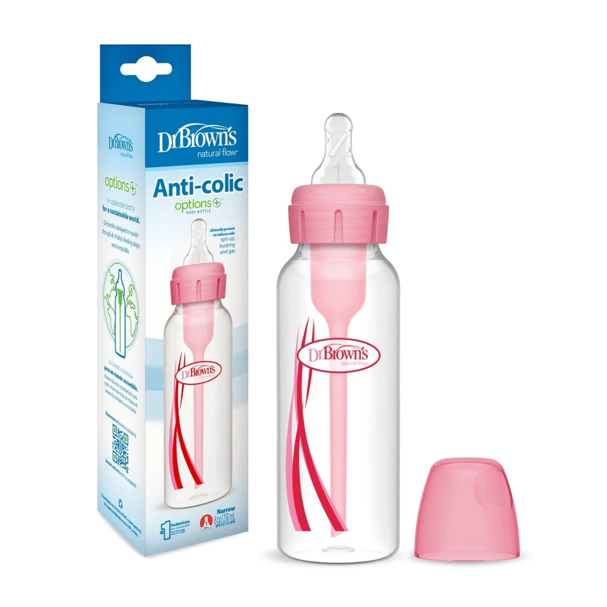 Dr. Brown - 8 Oz Options+ Narrow Anti-Colic Baby Bottle, Pink