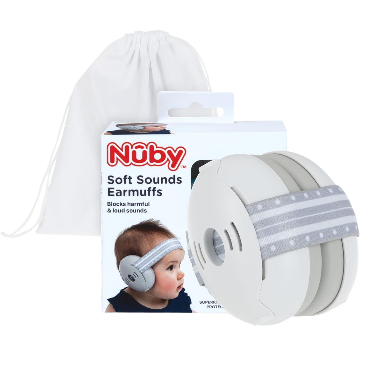 Protetores auriculares ajustáveis Nuby Soft Sounds para bebês, brancos
