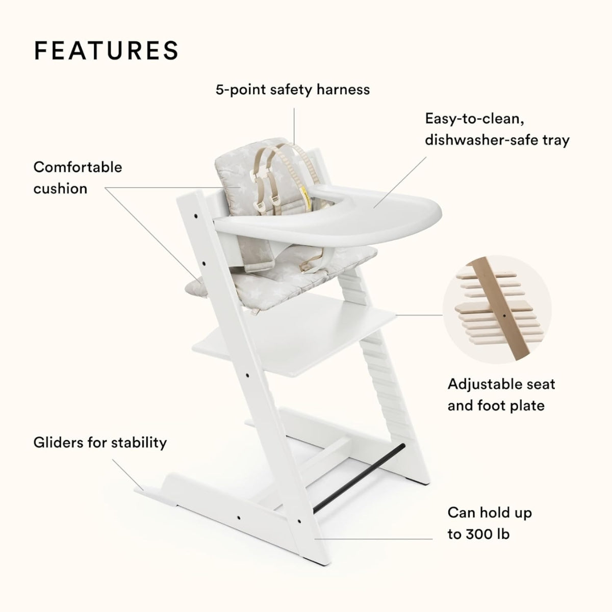 Cadeira alta Stokke Tripp Trapp - Branca com almofada e bandeja Silver Star