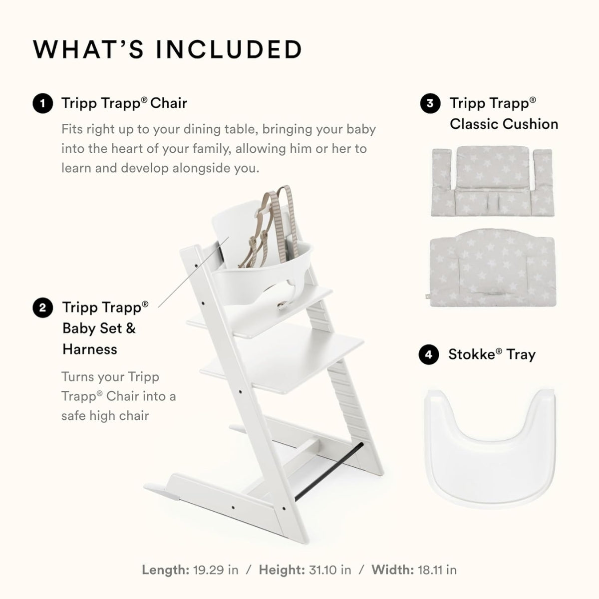 Cadeira alta Stokke Tripp Trapp - Branca com almofada e bandeja Silver Star