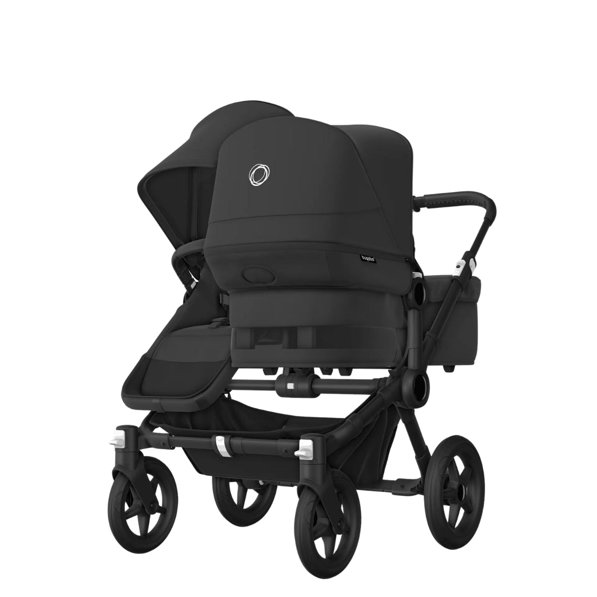 Carrinho de bebê duplo Bugaboo Donkey 5 Duo - Capota solar preta meia-noite, tecidos pretos meia-noite, chassi preto
