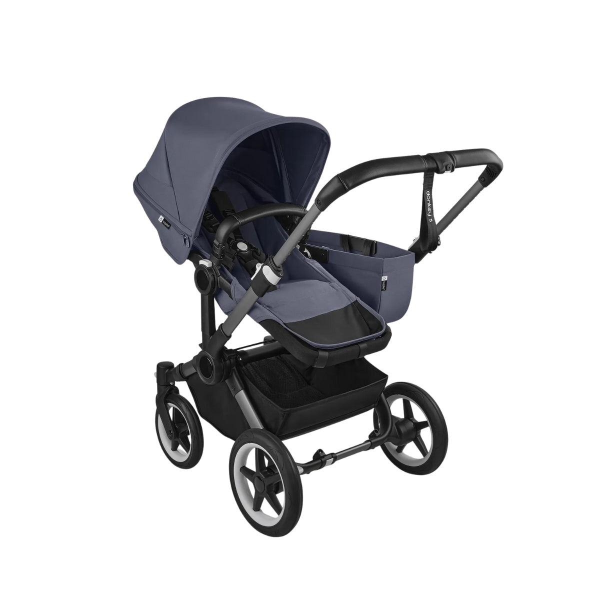 Carrinho de bebê Bugaboo Donkey 5 Mono 2 em 1 - Capota de sol azul tempestuoso, tecidos azuis tempestuosos, chassi grafite

