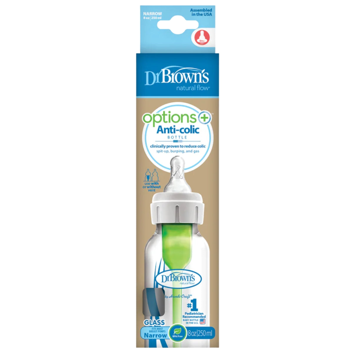 Dr. Brown's - 8Oz Options+ Glass Narrow Baby Bottle, 1Pk