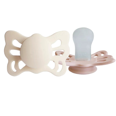 Chupeta Anatômica De Silicone Mushie FRIGG Butterfly, Pacote Com 2, 0-6 meses, Cream e Blush