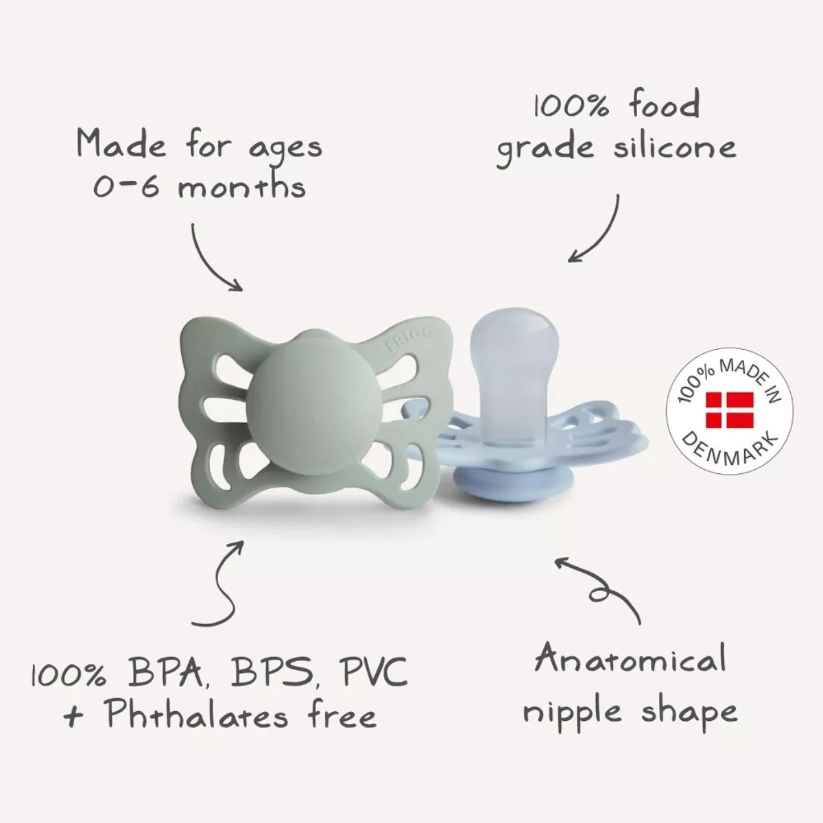Chupeta Anatômica De Silicone Mushie FRIGG Butterfly, Pacote Com 2, 0-6 meses, Cream e Blush