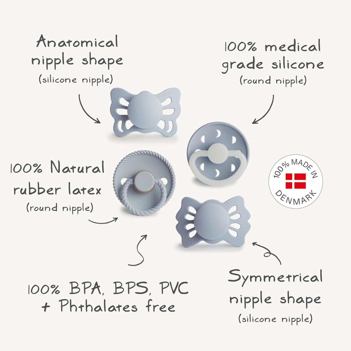 Kit De Chupetas Frigg Moonlight Sailing Mushie 4 Peças 0-6M Powder Blue