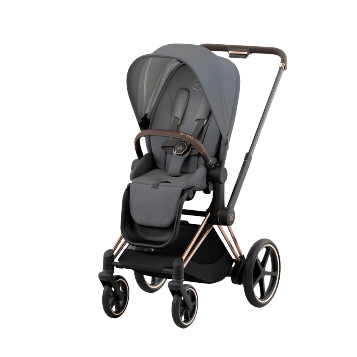 Carrinho de bebê Cybex E-Priam 2 - Estrutura em ouro rosa/marrom e assento cinza Soho 