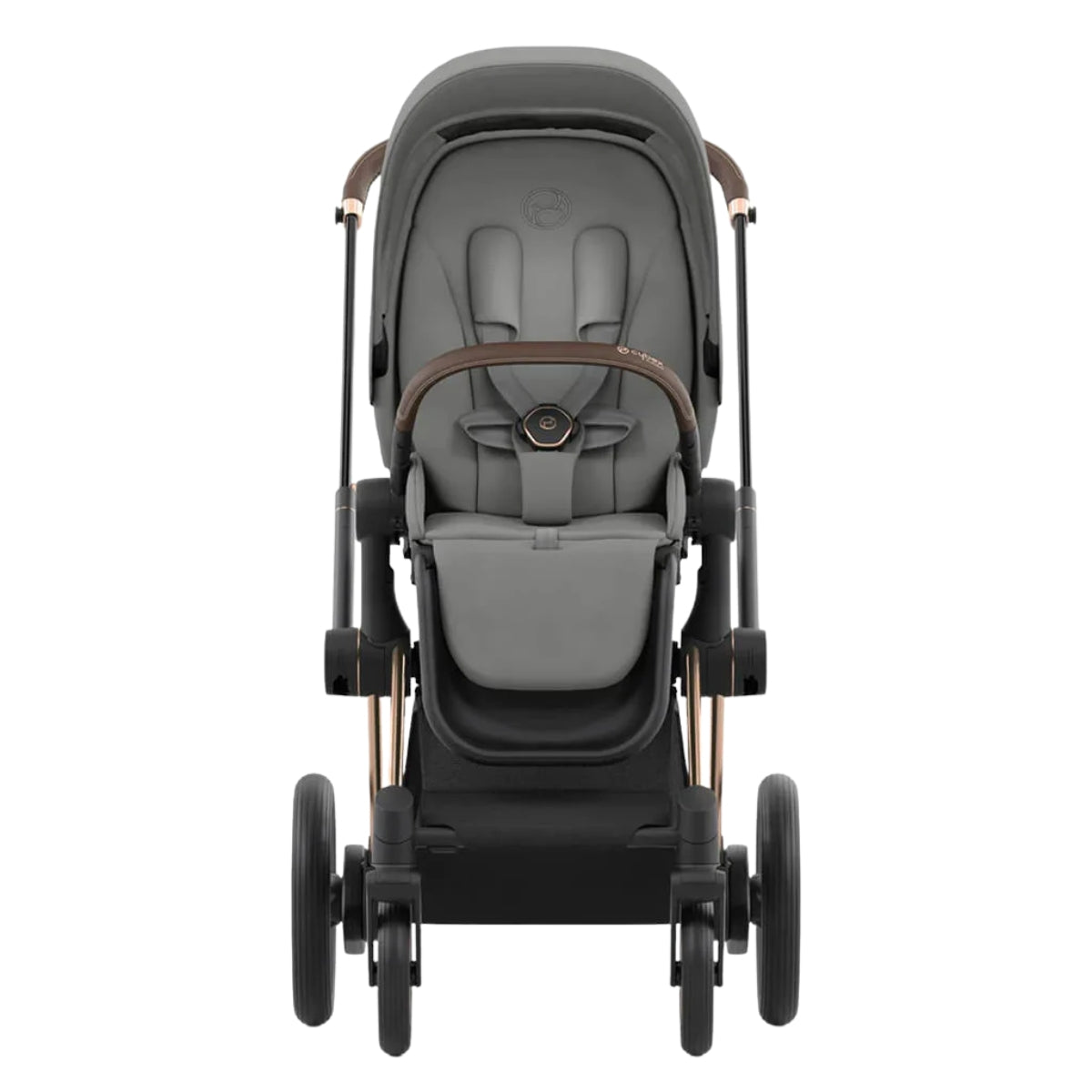Carrinho de bebê Cybex E-Priam 2 - Estrutura em ouro rosa/marrom e assento cinza Soho 