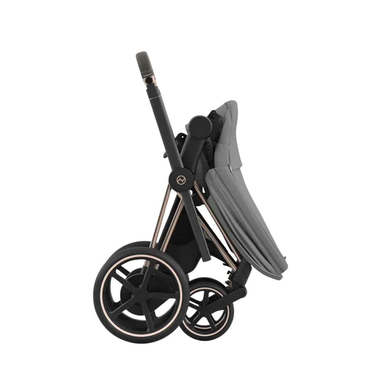 Carrinho de bebê Cybex E-Priam 2 - Estrutura em ouro rosa/marrom e assento cinza Soho 