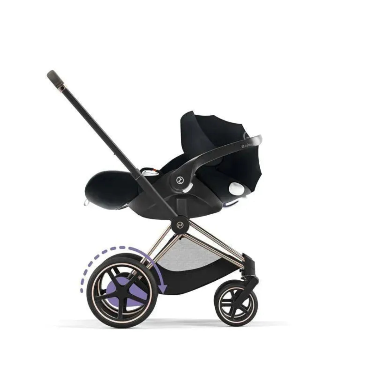 Carrinho de bebê Cybex E-Priam 2 - Estrutura em ouro rosa/marrom e assento cinza Soho 