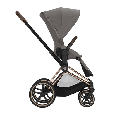 Carrinho de bebê Cybex E-Priam 2 - Estrutura em ouro rosa/marrom e assento cinza Soho 