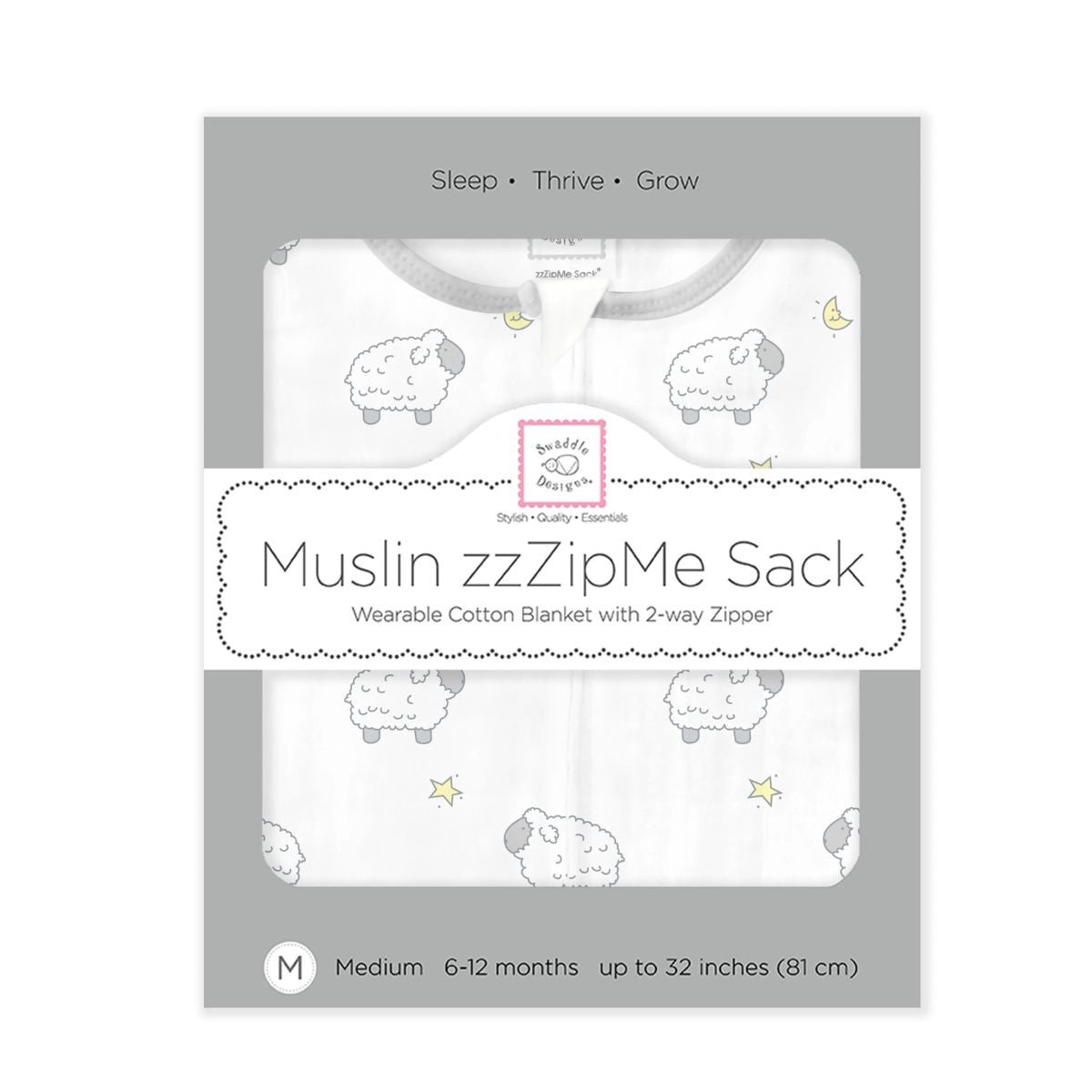 Swaddle Designs Muslin Baby Sleep Sack zzZipMe Little Lambs Sterling - 6-12M