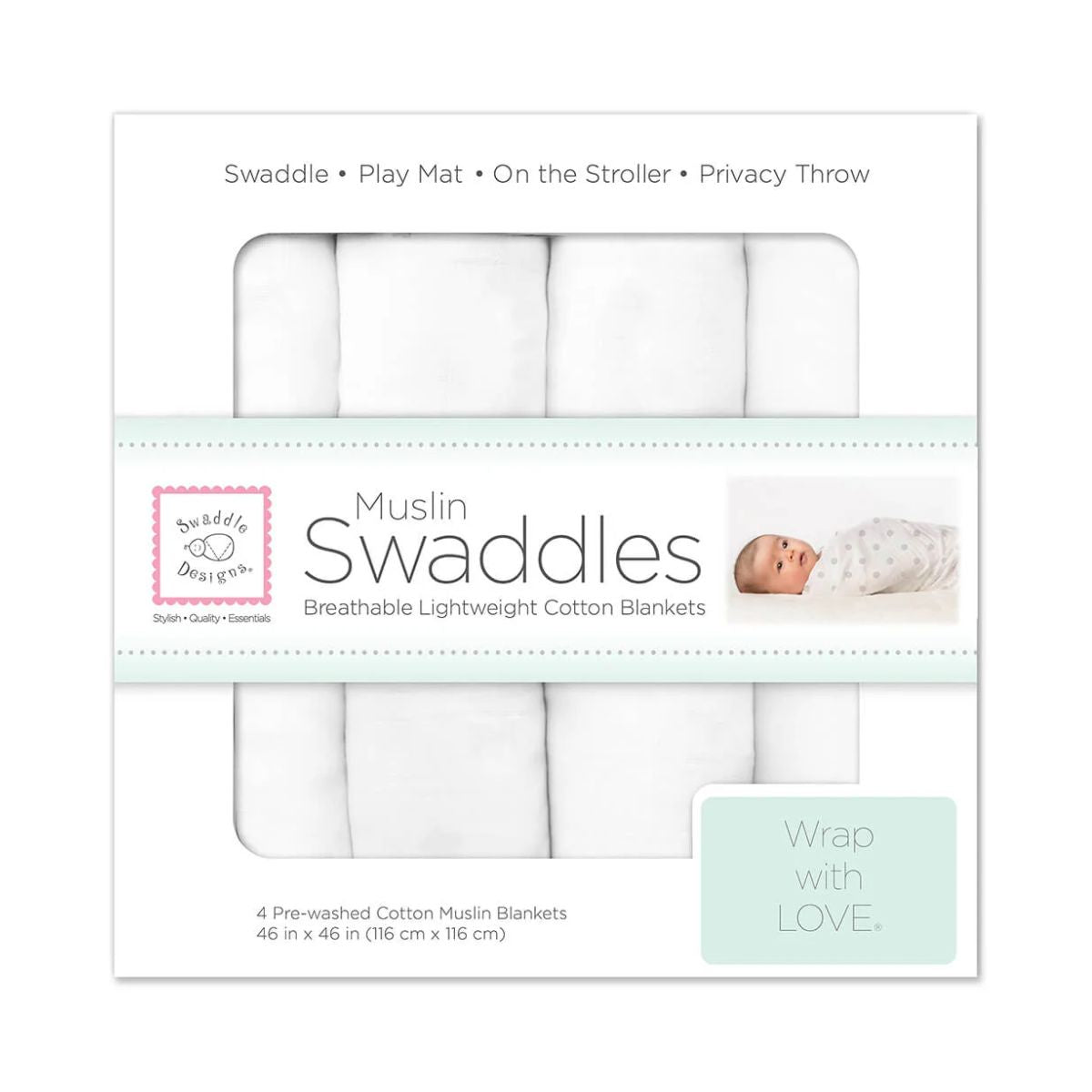 Cueiro Swaddles Kit 4 Peças de Muslin Swaddle Designs White