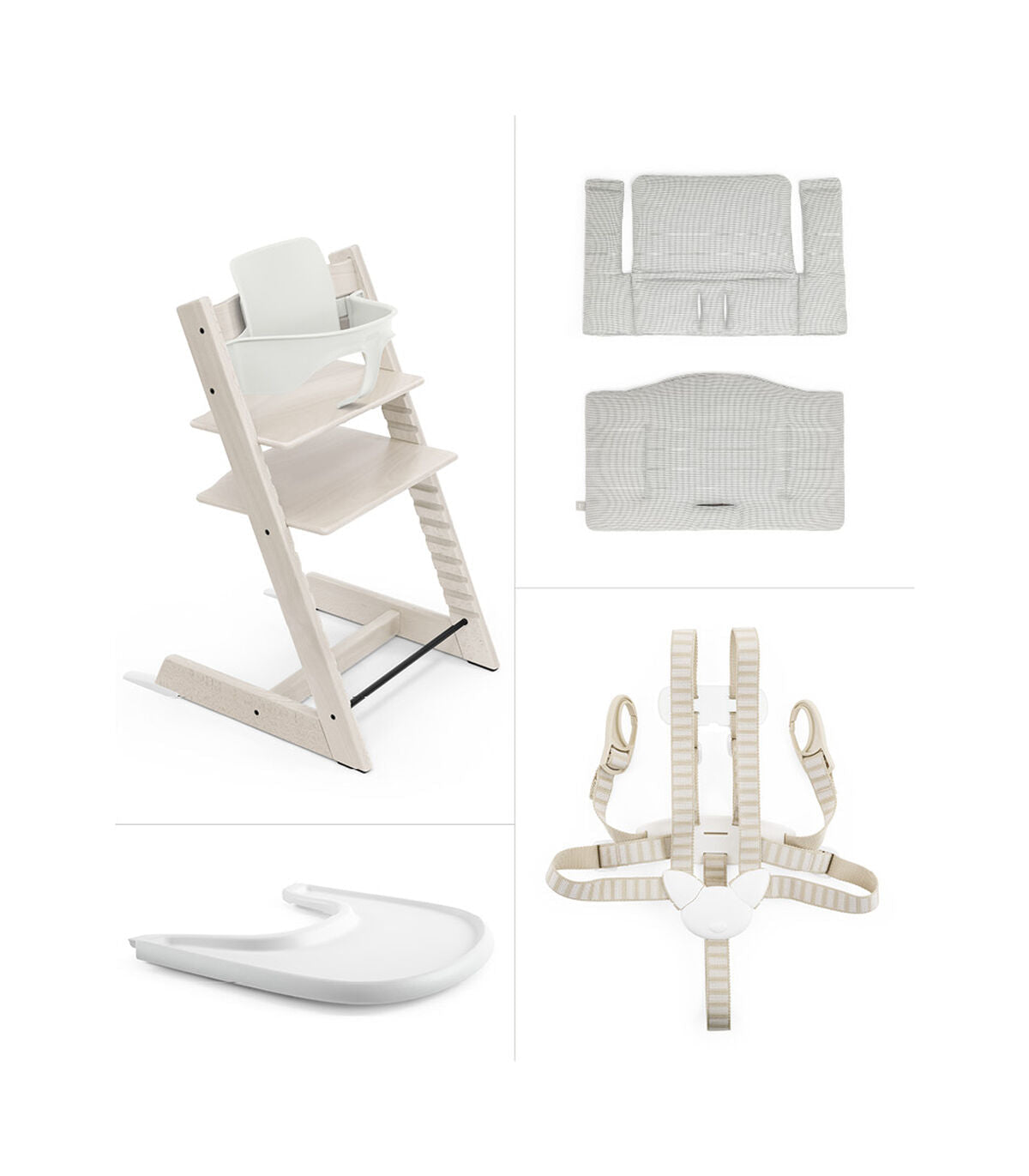 Stokke Tripp Trapp High Chair & Cushion With Tray - Whitewash Nordic Grey on Luna Baby Store Miami