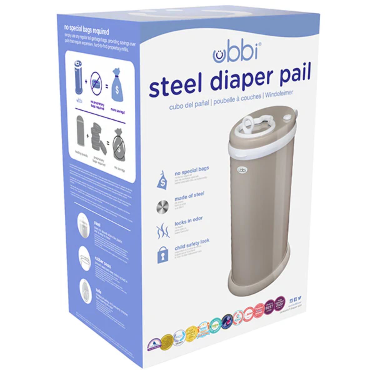 Lixeira Para Fraldas Ubbi em Aço Inoxidável Taupe on Luna Baby Store Miami