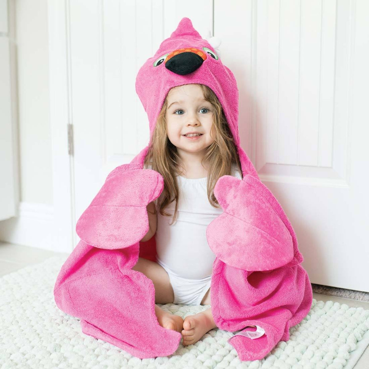 Zoocchini Kids Plush Terry Hooded Bath Towel - Franny the Flamingo on Luna Baby Store Miami